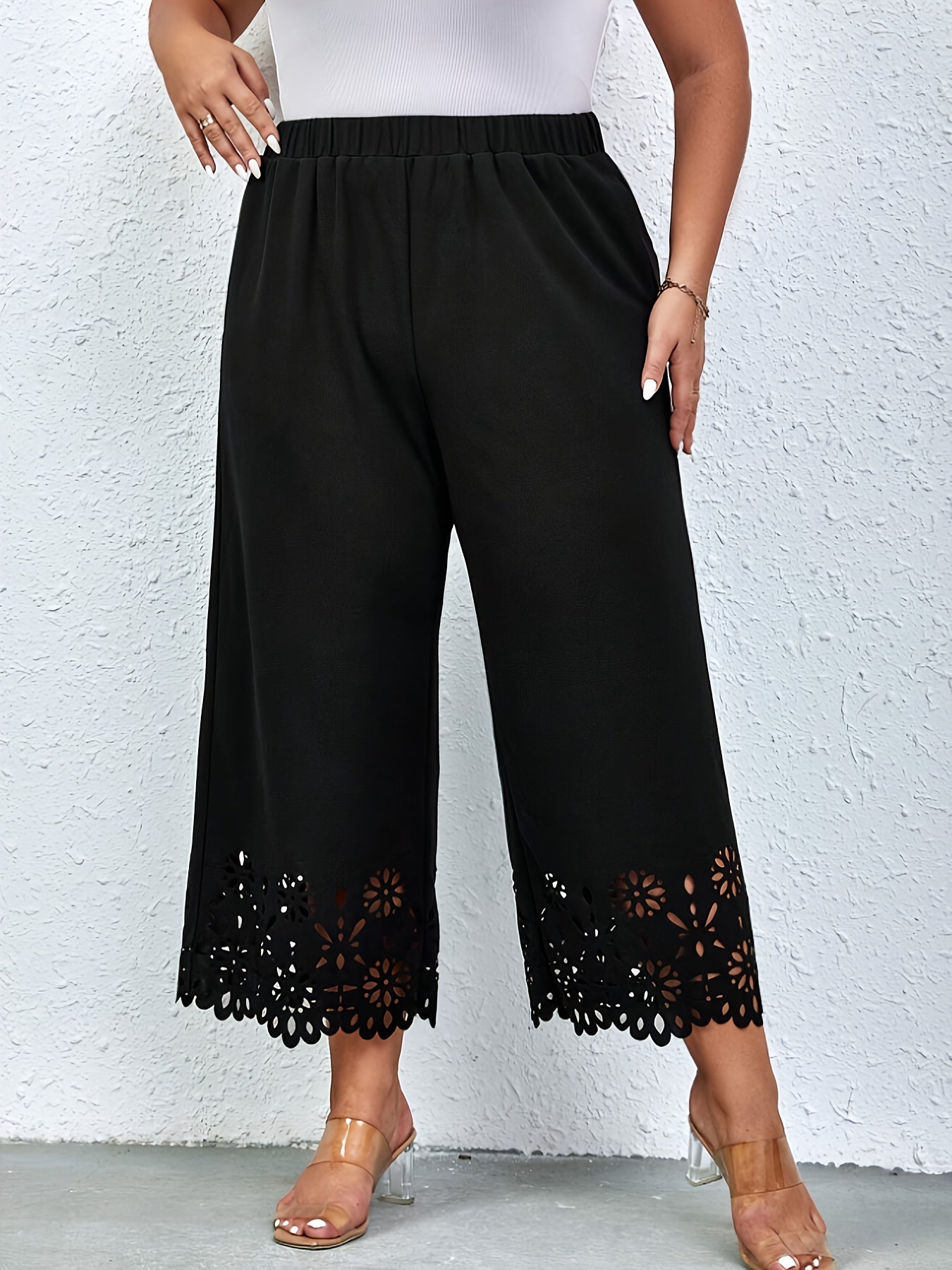 Black wide trousers with elastic waistband and lace trim - Clara