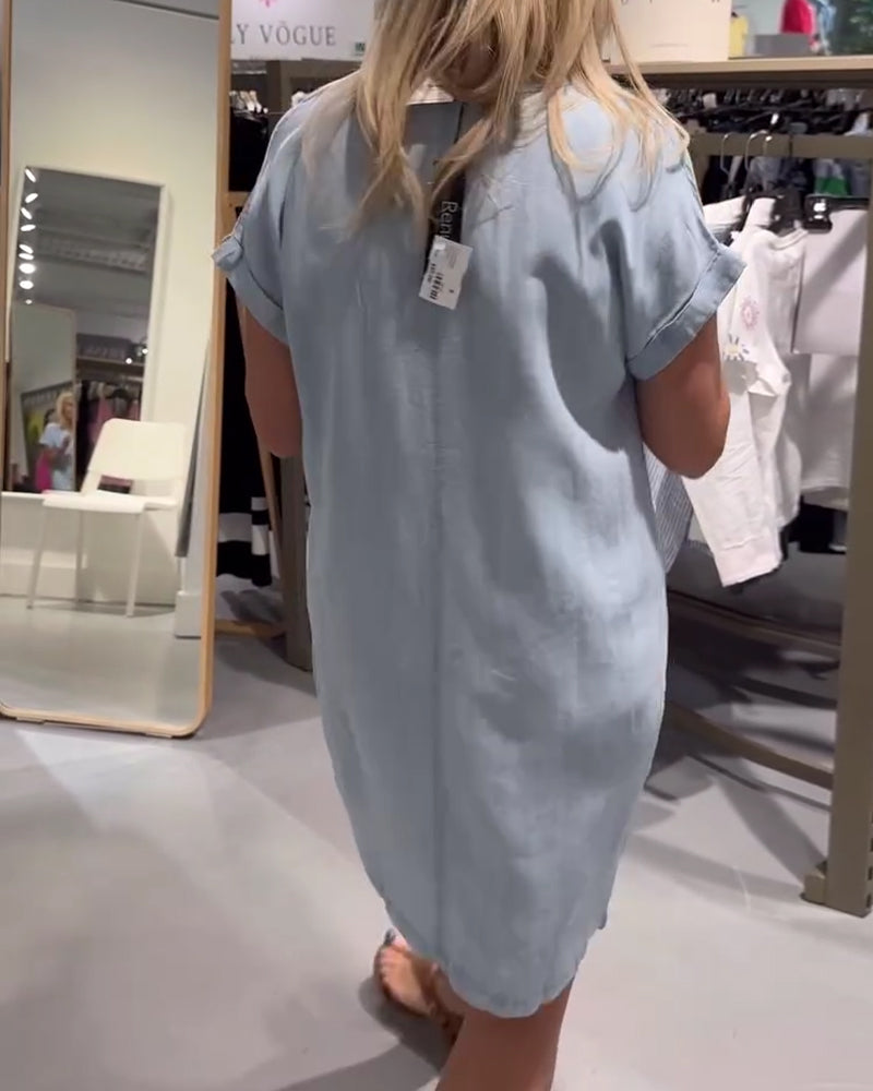 Kleid V-Ausschnitt Kurzarm Denim Lässig