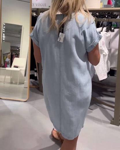 Kleid V-Ausschnitt Kurzarm Denim Lässig