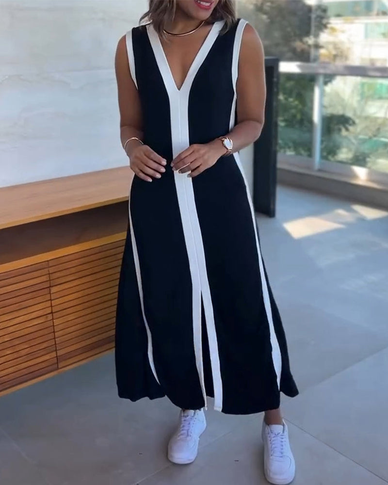 Kleid Colorblock ärmellos Schlitz Maxi