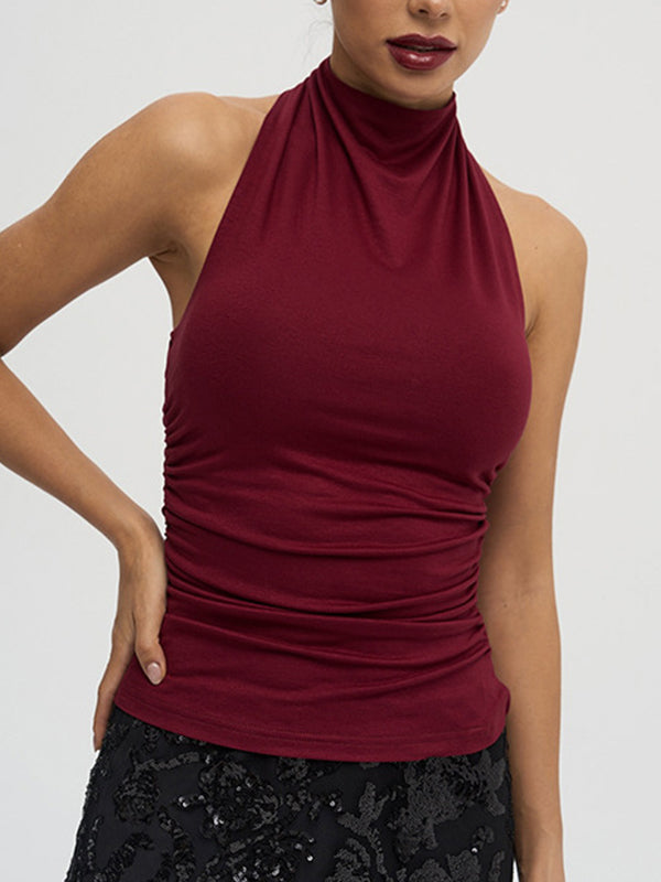 Solid Color Y2k Backless Sexy Halterneck Top with Chain Choker