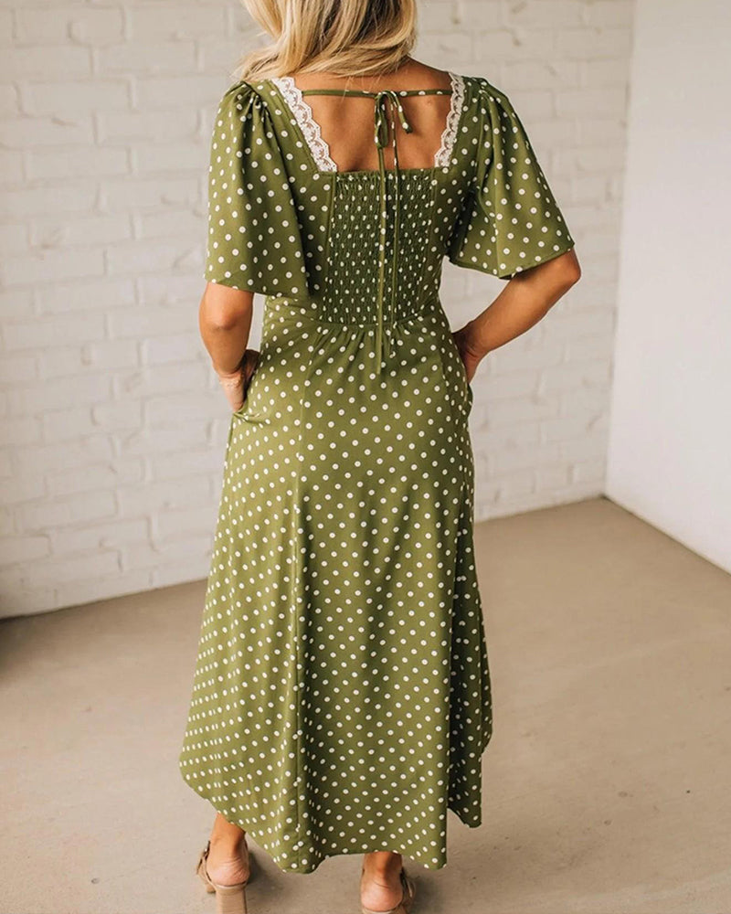 Kleid mit Spitze und Polka-Dots V-Ausschnitt