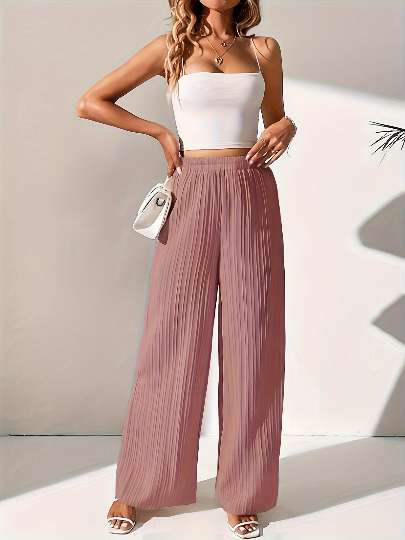 Pink Pleated Wide Leg Pants - Bella