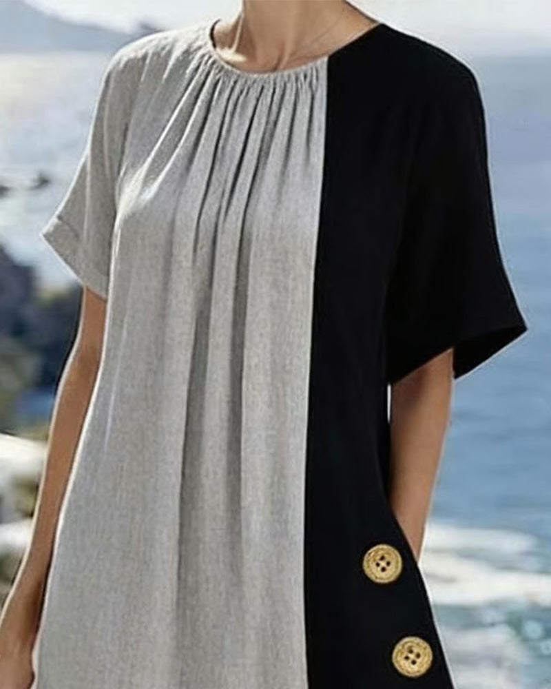 Kleid Kontrastfarbe Runder Halsausschnitt Casual Lang
