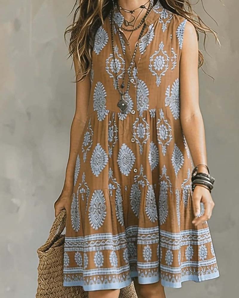 Kleid Boho-Muster Ärmellos Kurzer Stehkragen