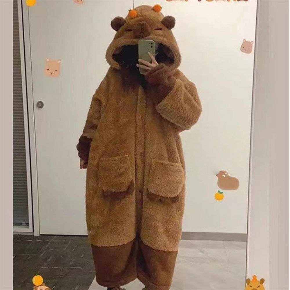 Brown Fleece Hooded Dressing Gown with Animal Ears for Women - Paola
