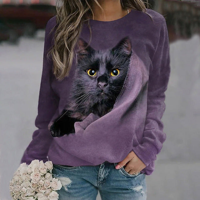 Lässiges Sweatshirt Mit Katzen-Print Lila