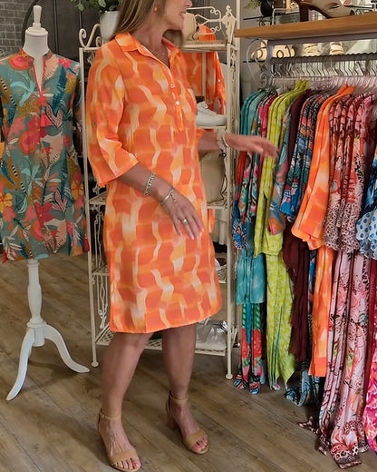 Kleid Dreiviertelärmel Kragen geometrischer Druck