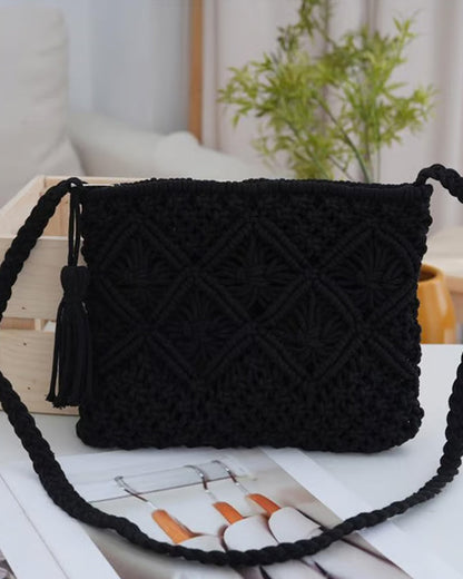 🏆Blitzangebot⚡Minimalistische Quasten Damenclutch – Retro Tasche aus Baumwollseil Geflochten Boho Strandtasche für den Sommerurlaub