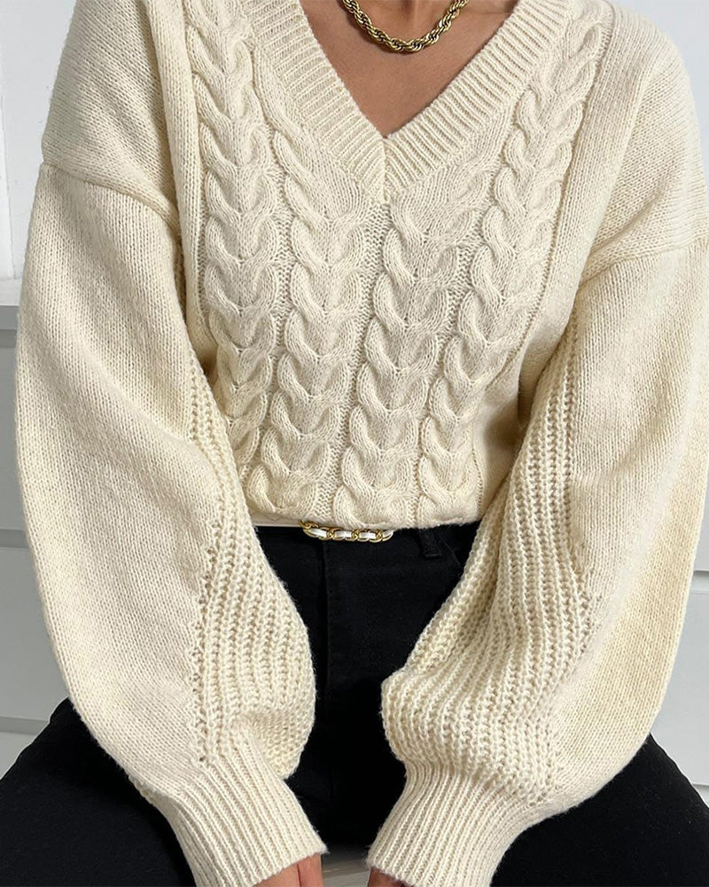 Pullover V-Ausschnitt Unifarben Zopfstrick