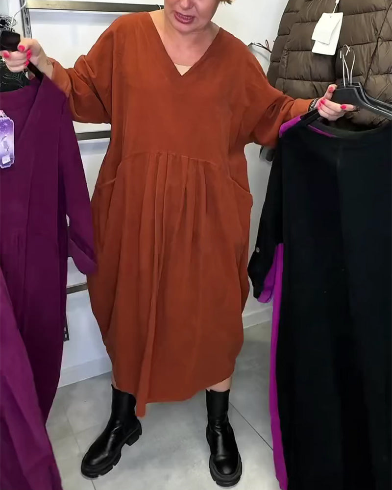 Kleid V-Ausschnitt lockere Passform Plisseefalten