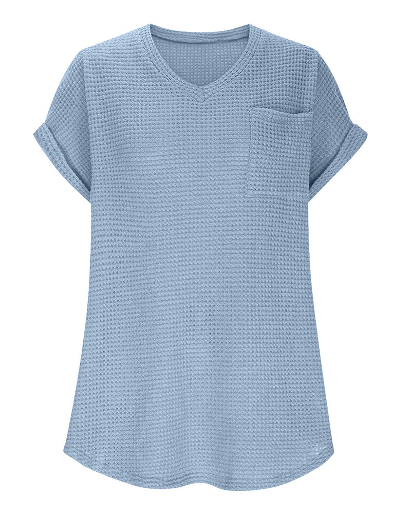 T-Shirt Damen Waffelstrick V-Ausschnitt Lässig Sommer