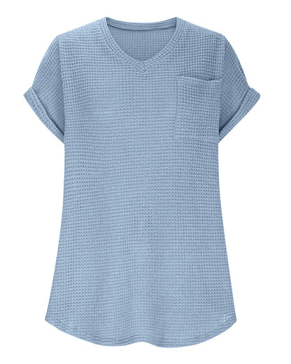 T-Shirt Damen Waffelstrick V-Ausschnitt Lässig Sommer