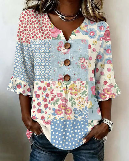 Bluse Kurzarm Blumenprint Patchwork