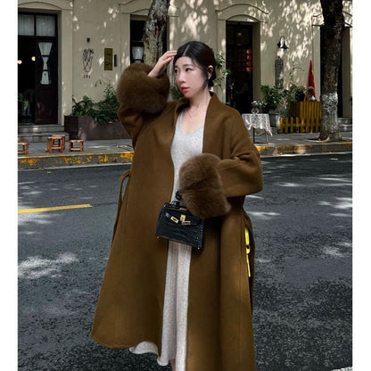 Long Overcoat with Faux Fur Cuffs for Women - Fortunata