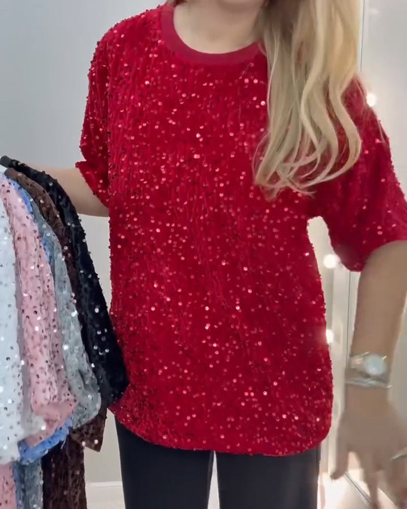 T-Shirt Runder Halsausschnitt Mit Pailletten Kurzärmlig