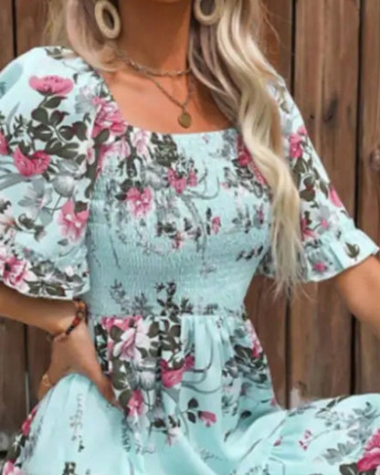 Kleid Quadratischer Ausschnitt Blumen Taille A-Linie