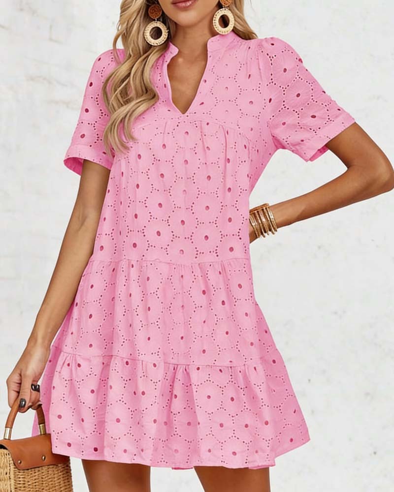 Kleid Durchbrochen V-Ausschnitt Kurzarm