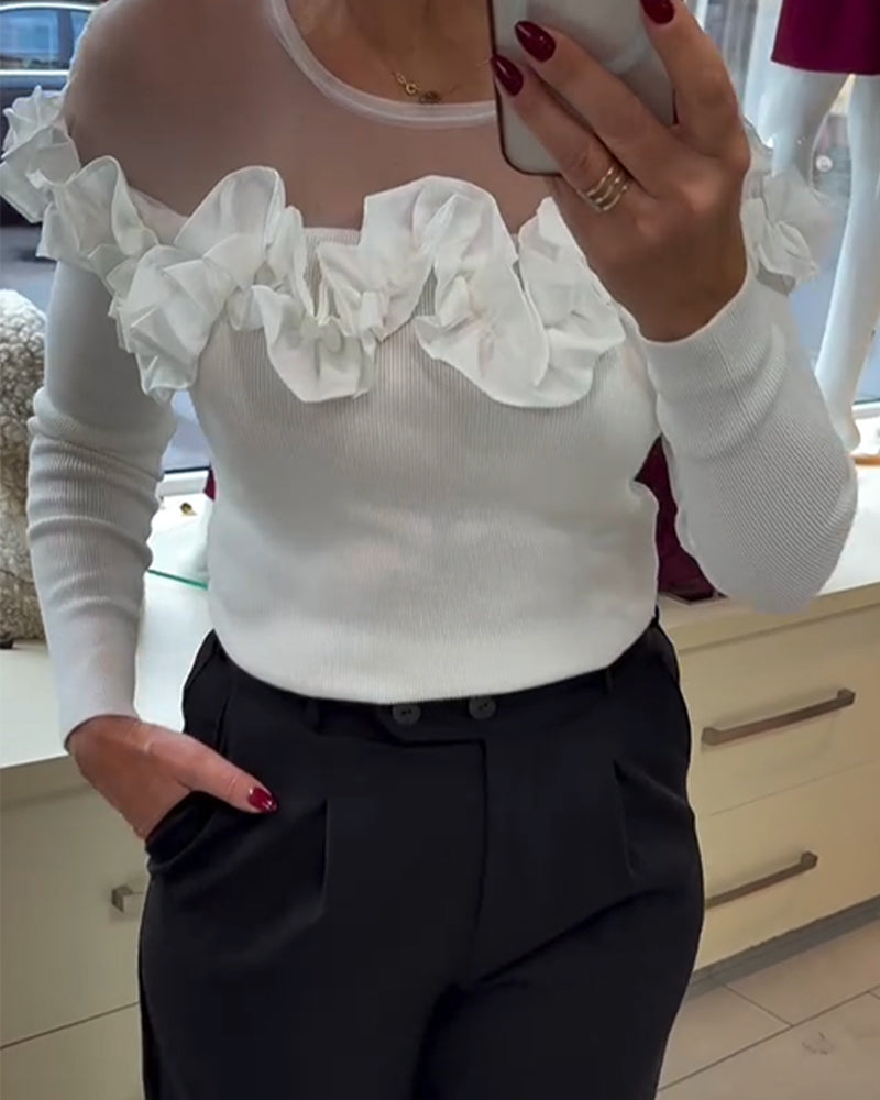 Top Mesh Gespleißt Rüschen Langarm