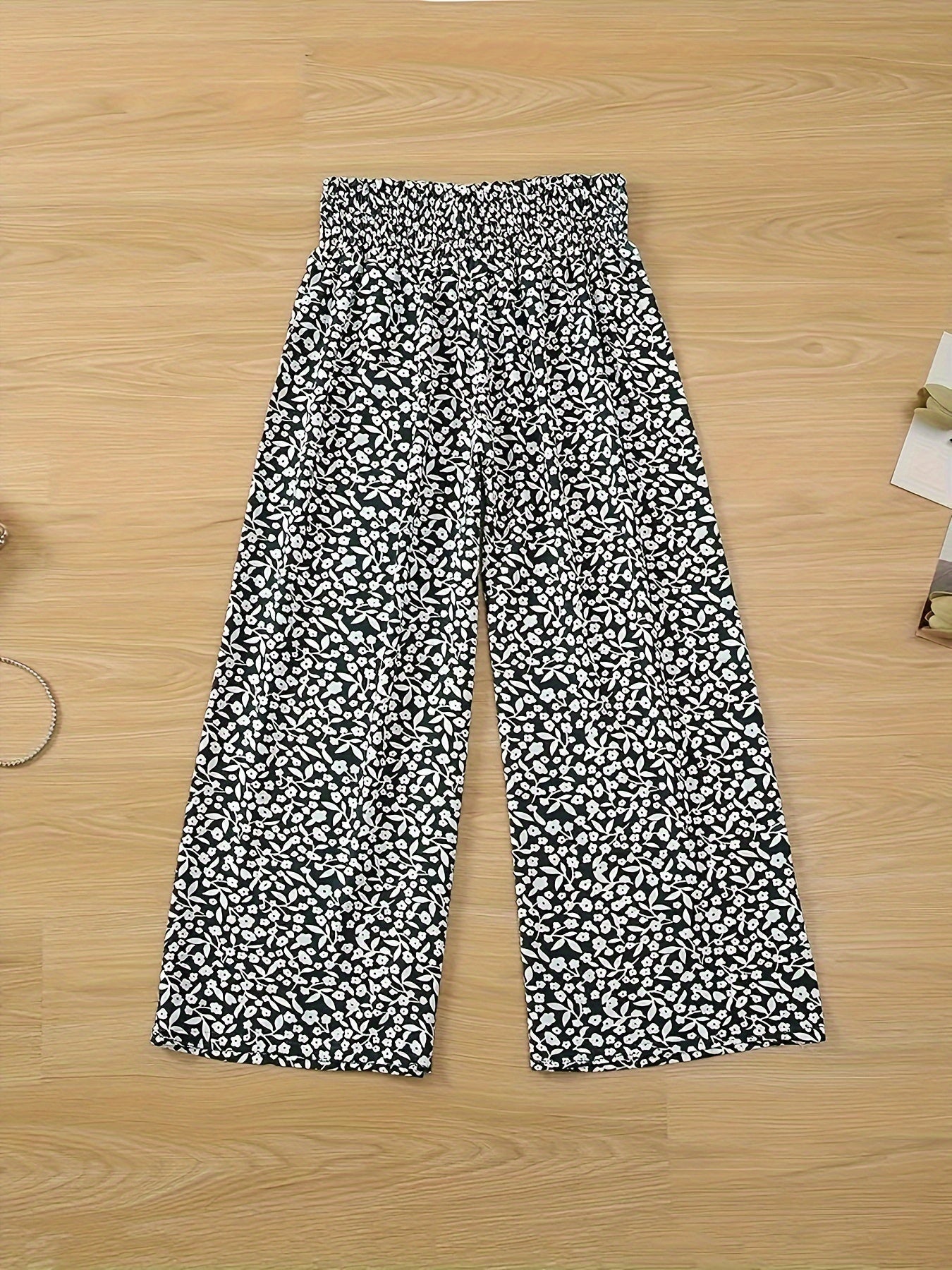 Black wide boho pants with floral pattern and elastic waistband - Lena