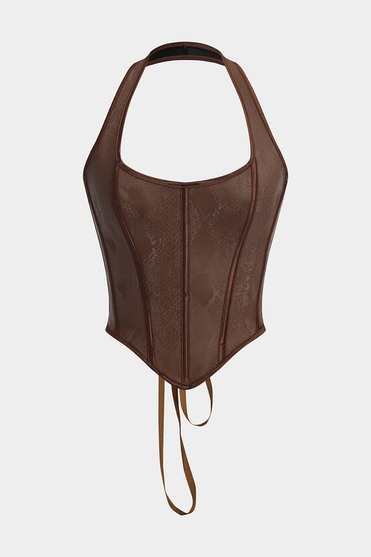 Brauner Y2k Schlangenlederimitat Schnür Corsett Cami Top
