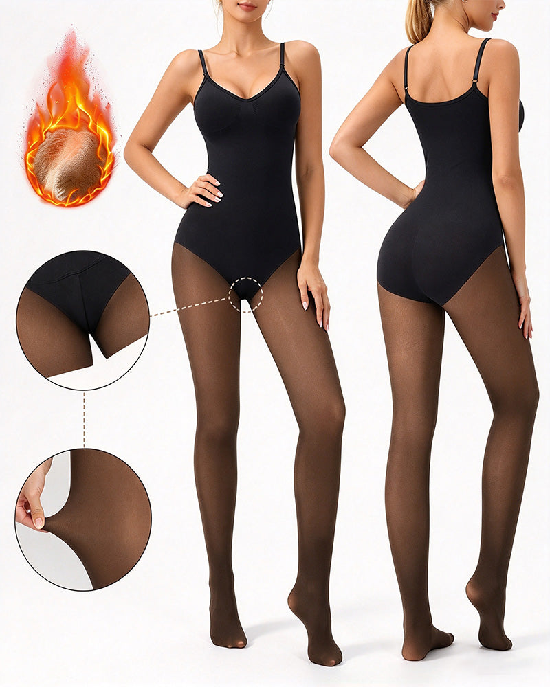 Transparentes Panel Mit Fleece-Gefütterter Strumpfhose Stay-Warm Bauchkontrolle Sheer-Effekt Strumpfhose Bodysuit Schwarz Basic