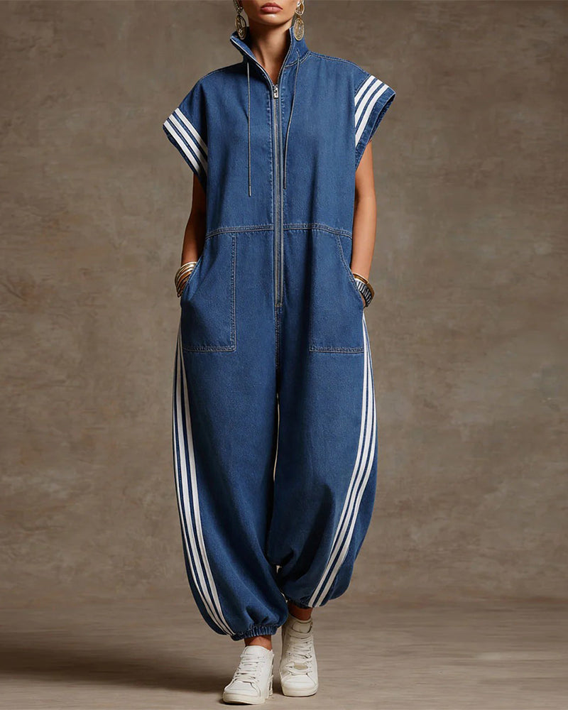 Overall Gestreift Ärmellos Denim