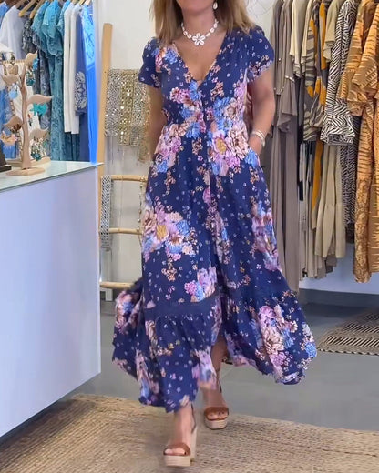 Kleid Blumendruck V-Ausschnitt Maxi