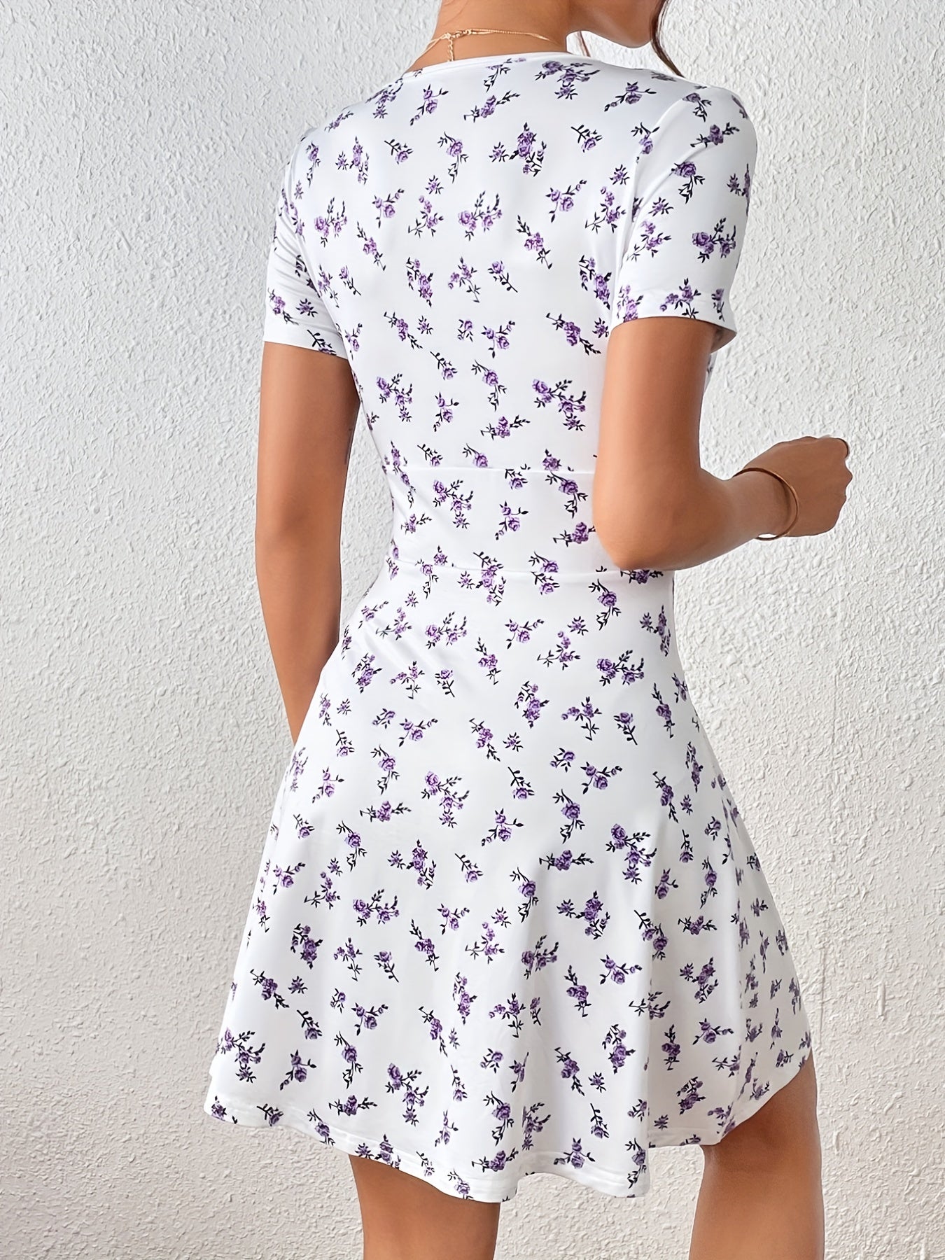 White floral dress - Anna, V-neck, short sleeves