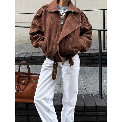 Brown Faux Suede Biker Jacket for Women - Daniela