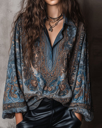 Bluse Retro Druck V-Ausschnitt Revers Raffiniert