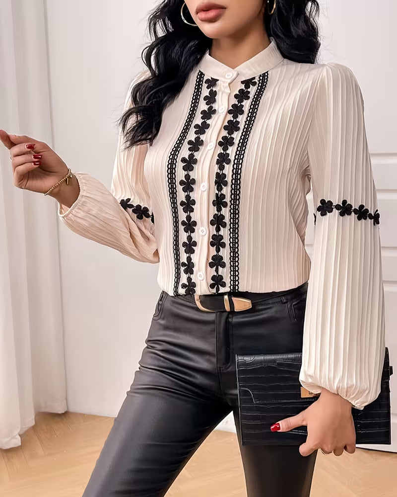 Bluse Elegant Spitze Patchwork Puffärmel