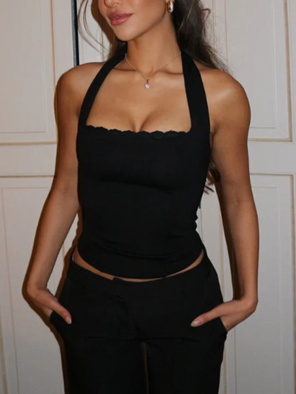 Einfarbige Y2k Slim Fit Spitzen Halterweste