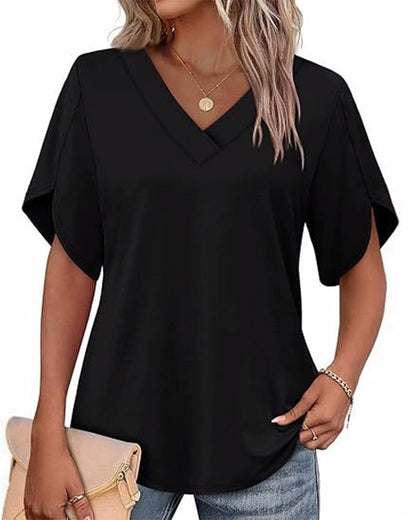 T-Shirt V-Ausschnitt Kleiner Schlitz Kurzarm Einfarbig