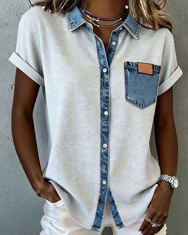 T-Shirt Denim Patchwork Umlegekragen