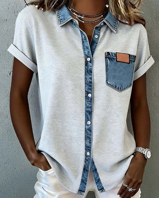 T-Shirt Denim Patchwork Umlegekragen
