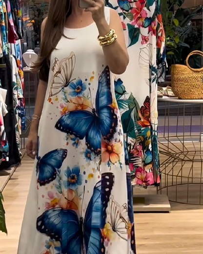 Kleid Ärmellos Schmetterlingsprint Maxi
