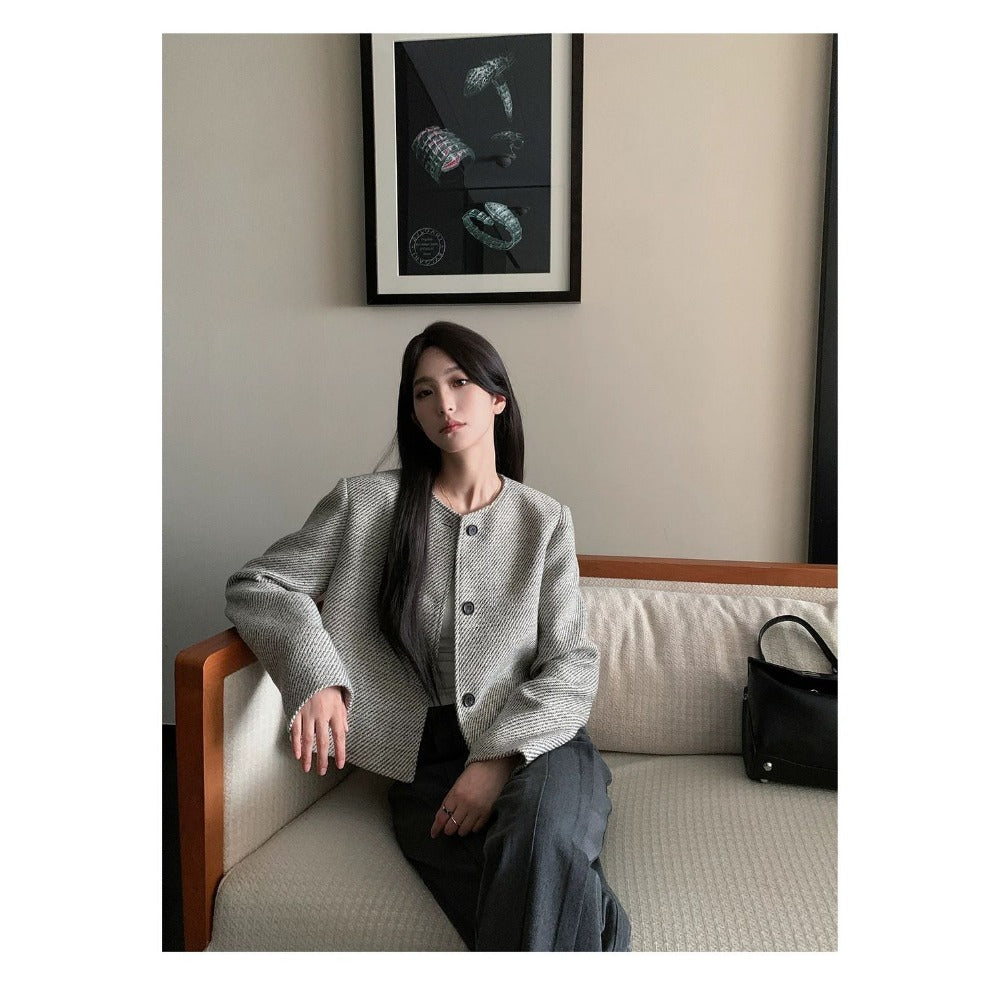 Grey Button Front Cropped Blazer Jacket for Women - Silvia