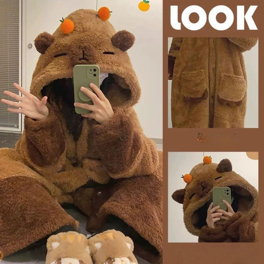 Brown Fleece Hooded Dressing Gown with Animal Ears for Women - Paola