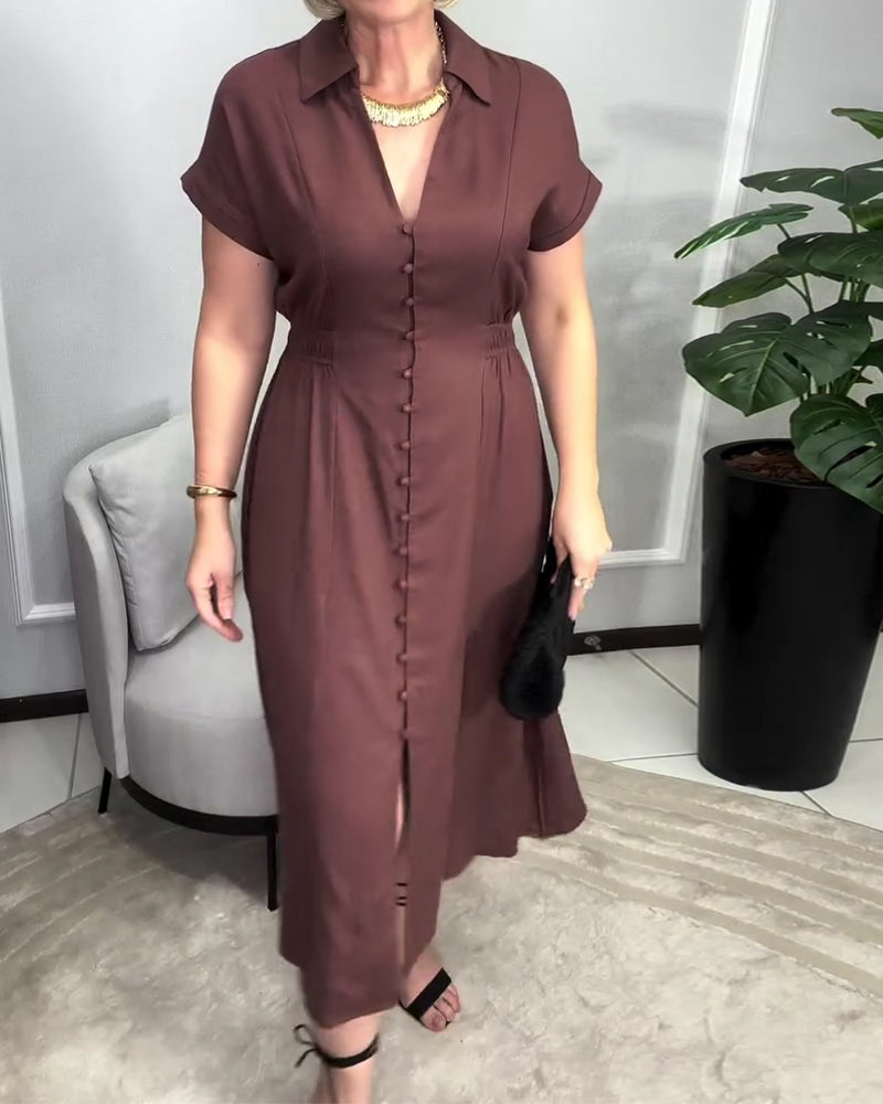Kleid Unifarben Knopfleiste Taille
