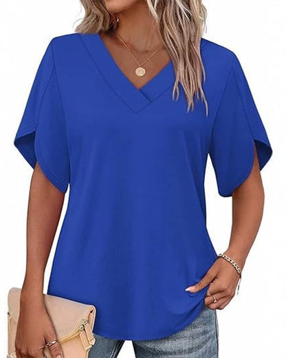 T-Shirt V-Ausschnitt Kleiner Schlitz Kurzarm Einfarbig