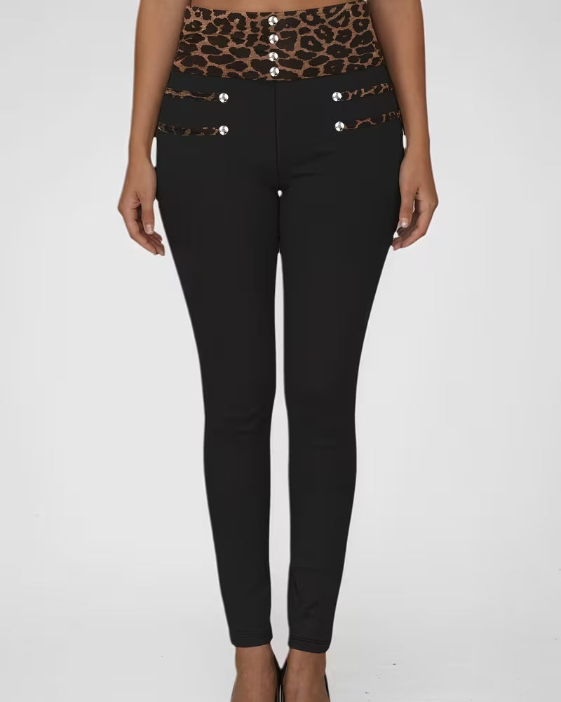 Hose Hohe Taille Leopardenmuster Eng Skinny