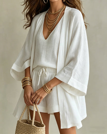 Dreiteiliges Set V-Ausschnitt Tanktop Cardigan Shorts