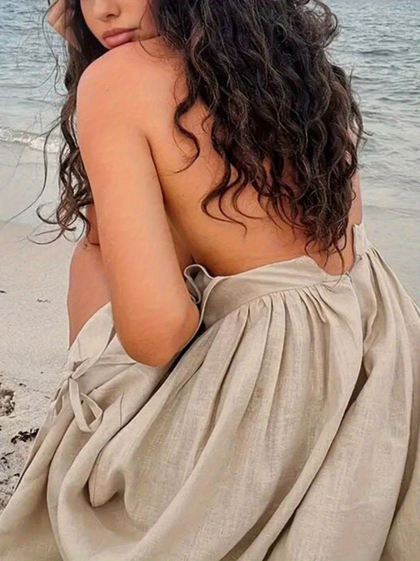 Beige Off-Shoulder Mini Dress with Tie Straps for Women - Melissa