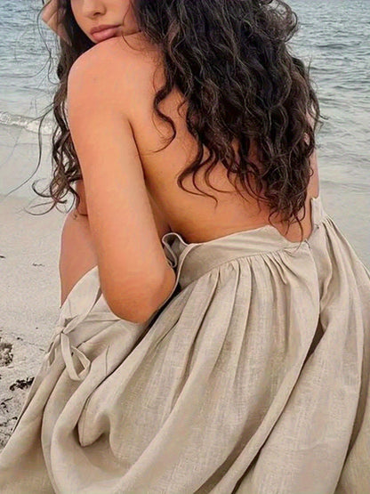 Beige Off-Shoulder Mini Dress with Tie Straps for Women - Melissa