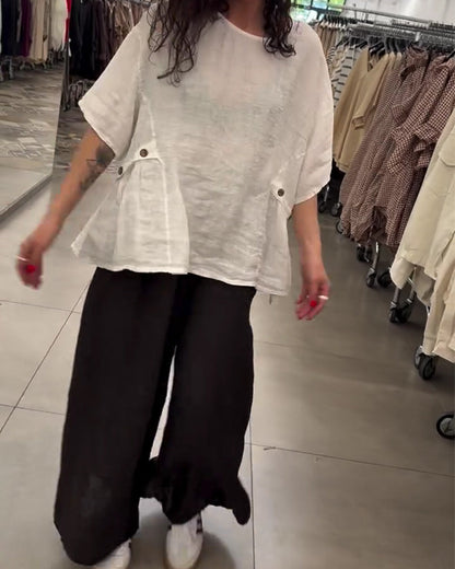 Bluse Rundhalsausschnitt Seitenknopf Loose Fit