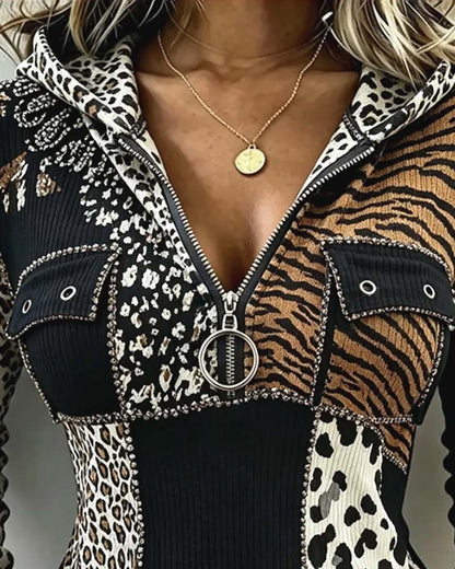 Oberteil Leopard Patchwork Halber Reißverschluss Mit Kapuze