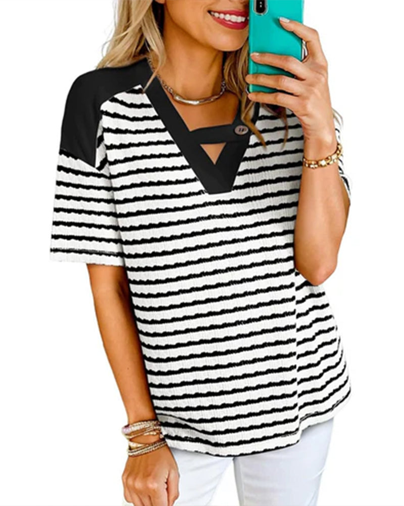 T-Shirt Hohl Aus Gestreift Kurzarm