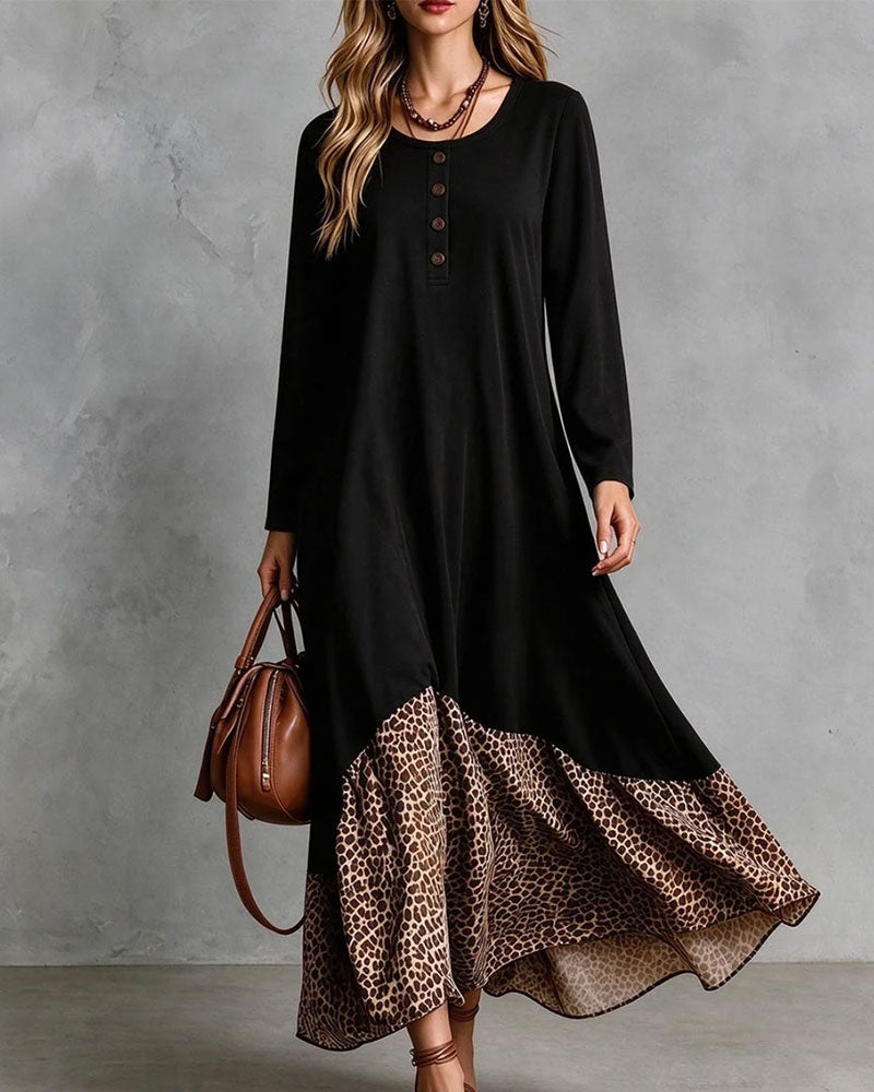 Kleid Rundhals Knopf Leopardenmuster