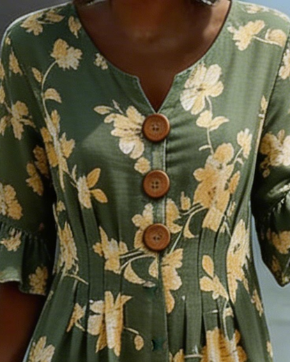 Kleid V-Ausschnitt Knopfleiste Geblümt